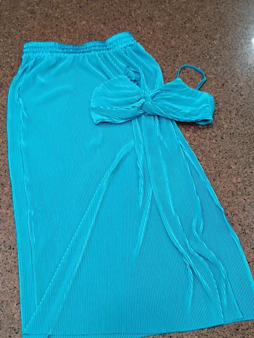 Fashion Nova Turquoise Pleated Slit Midi Skirt with Tie Bralette - Women